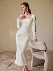 MOTF PREMIUM SUKIENKA Z PERŁOWYMI KORALIKAMI I KONTRASTOWYM WYKOŃCZENIEM - Morela - Zobacz 2