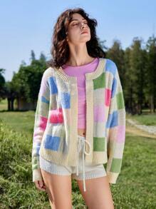 Skyraze Áo len cardigan dệt kim màu khối thời trang cho nữ, áo len tay giám mục kẻ ô vuông, áo crop top kẻ sọc nhiều màu cho nữ, cổ tròn, tay ngắn, thời trang thường ngày, áo len chui đầu kẻ ô vuông màu khối tương phản hợp thời trang, họa tiết hình học - Nhiều màu - Xem 6