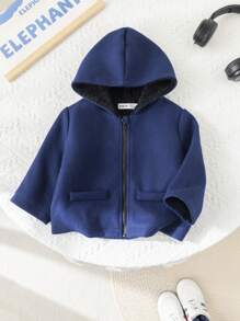 SHEIN 男婴休闲学院风保暖连帽夹克，适合秋冬季外出，幼儿园男孩和女孩 - 藏蓝色 - 查看 4