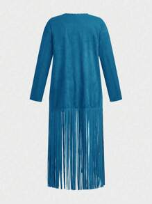 Calvaya Plus Size Front Strap Bead Embellished Tassel Hem Lightweight Long Sleeve Jacket Fall Cloth For Women - Blue - View 2