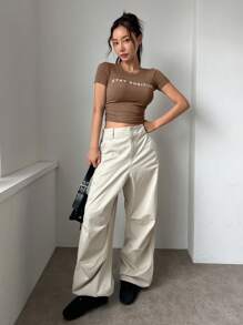DAZY Áo thun nữ cổ tròn tay ngắn in chữ, áo thun họa tiết - màu nâu - Xem 3