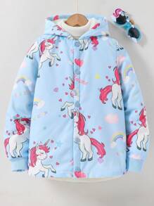 SHEIN Tween Girl Front Button Lange Mouw Bedrukt Casual Capuchon Jasje