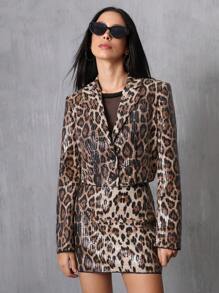 EMERY ROSE 性感豹纹亮片刺绣短款西装外套搭配豹纹迷你裙，闪亮夜店派对风格女士套装，两件套节日派对服装 - 巧克力棕 - 查看 3