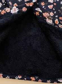 Tween Girl Thicken Fluffy Vintage Ditsy Floral Hooded Mid-Length Jacket, Autumn/Winter