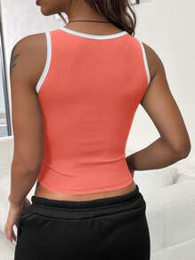 INAWLY 女士方领修身罗纹拼色边饰吊带背心 - 珊瑚橙 - 查看 2