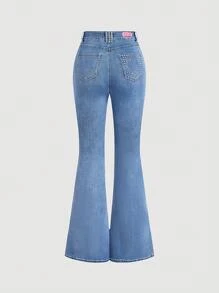 SHEIN MOD Women's Rhinestone Embellished Pocket Flare Leg Casual Versatile Jeans