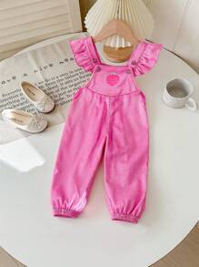 SHEIN Bộ đồ liền thân viền bèo nhún màu hồng họa tiết dâu tây dễ thương cho bé gái sơ sinh, mùa thu/đông - Hồng - Xem 6