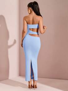 SHEIN BAE 纯色性感镂空露背紧身连衣裙，春夏迷人女士派对礼服，俱乐部，约会，与朋友聚会 - 淺藍色 - 查看 2