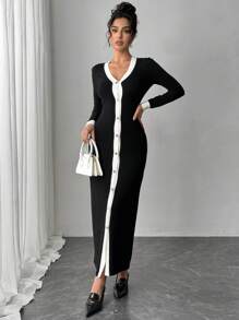 Firerie Váy len dệt kim tay dài cài nút phía trước màu đen và trắng cho nữ, trang phục thường ngày - Đen và trắng - Xem 5