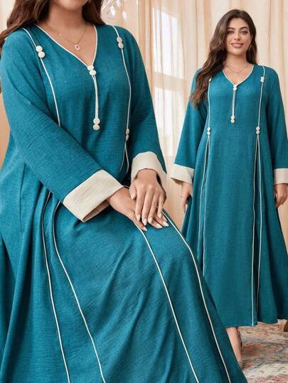 Al Najma Plus Size Women Color Block Long Sleeve Loose Casual Dress, Suitable For Spring And Autumn, Casual Modest Maxi Jalabiya Arabian Dresses, For Casual Daily
