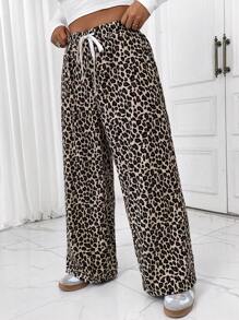 SHEIN Frenchy Pantalon casual à cordon de serrage imprimé léopard pour femmes en grandes tailles, simple et pour un port casual quotidien