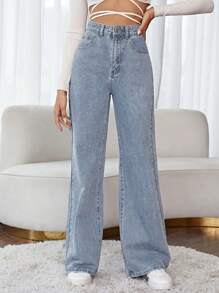 SHEIN Frenchy High Waist Wide Leg Floral Embroidery Jeans Winter Flower Vacation Casual - Light Wash - View 4