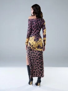 SHEIN Unity Seksowna sukienka z długim rękawem i nadrukiem w panterkę w wielu kolorach i wysokim rozcięciem na Nowy Rok