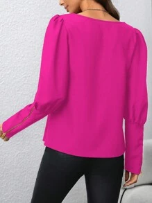 Xyvia Women's Puff Sleeve Metal Zipper Design Shirt Fall Cloth For Women - Hot Pink - View 2