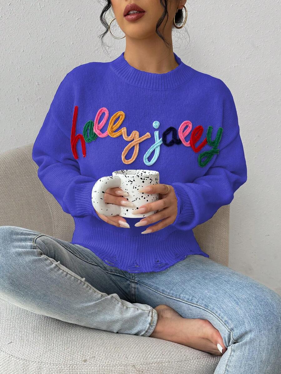 SHEIN Unity Sweater Rajut Kasual Wanita Lengan Panjang Kerah Bulat dengan Detail Motif Huruf untuk Musim Gugur dan Musim Dingin - Royal Blue - View 1