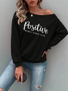 EMERY ROSE Letter Graphic Drop Shoulder Sweatshirt,Long Sleeve Tops Graduation,Back To School Outfits,Graduation,Teacher Outfits For Women,Back To School Pullover Fall Outfit - Black - View 3