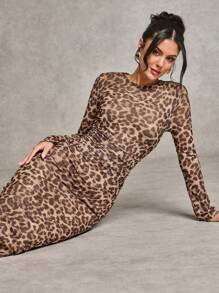 SHEIN BAE 豹纹侧褶紧身连衣裙秋季服装长袖连衣裙秋季内衣办公室服装性感豹纹优雅女装 - 彩色 - 查看 4