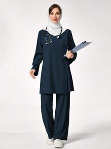 TaskEZ Long Sleeve Pocket Simple Scrub Top And Pants Uniform Set - Navy Blue - View 1