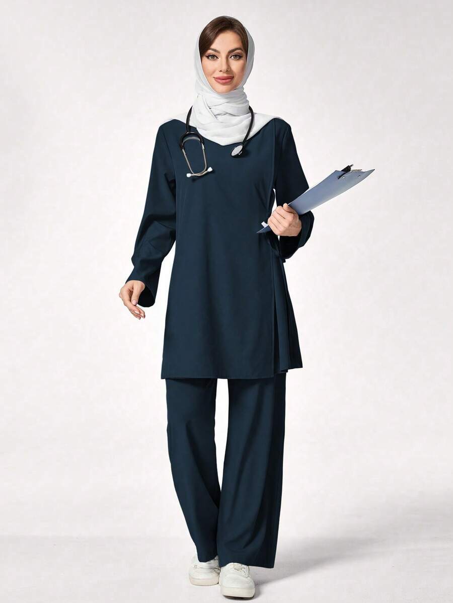 TaskEZ Long Sleeve Pocket Simple Scrub Top And Pants Uniform Set - Navy Blue - View 1