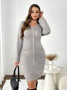 SHEIN Frenchy 优雅 U 领修身大码灰色毛衣连衣裙，秋冬款
