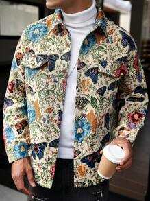 Manfinity Homme Men's Casual Versatile INS High-Quality Butterfly Floral Textured Jacquard Shirt Jacket With Pocket Design. Fall And Winter Men Clothes ,Men Jacket - Khaki - View 4