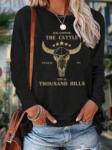 SHEIN LUNE Western Cow Skull And Faith Letter Print Crew Neck Women T-Shirt Graphic Tees Women Tops