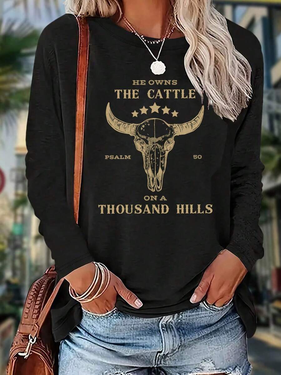 SHEIN LUNE Western Cow Skull And Faith Letter Print Crew Neck Women T-Shirt Graphic Tees Women Tops