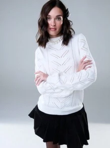 SHEIN Unity 冬季休闲镂空针织高领长袖套头衫 冬季针织套头衫 秋季毛衣 - 白色 - 查看 1