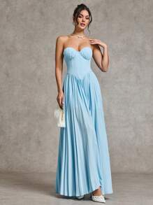 SHEIN BAE فستان سواري أنيق بخصر عالي مطوي مناسب للنساء، لون أزرق سادة، مناسب لحفلات الكوكتيل والمواعيد الرومانسية وارتداء طبقات في الخريف والشتاء وحفلات الزفاف وعيد الهالوين وعيد الميلاد