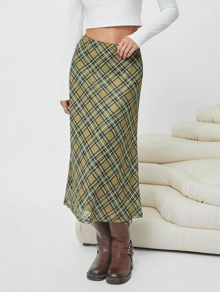 Easelle 网布格子印花高腰长裙 - 綠色 - 查看 1