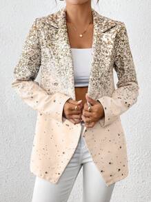 SHEIN Clasi Women's Autumn Sequin Print Lapel Collar Long Sleeve Elegant Blazer - Khaki - View 6