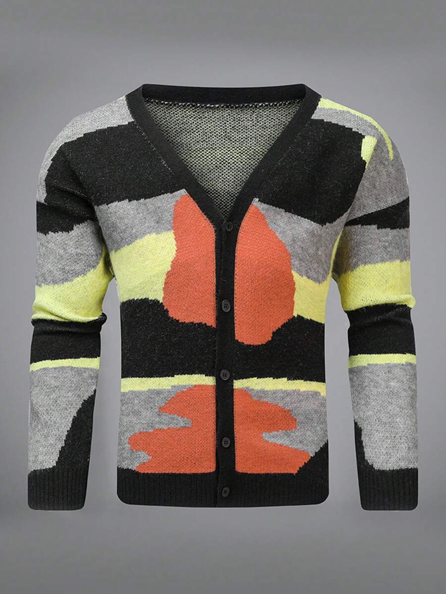 Manfinity Homme Plus Size Men's Casual Color Block Button Front Cardigan,Autumn And Winter Drop Shoulder Chunky Urban Cardigan For Husband,Boyfriend Gifts,Date,Casual - Multicolor - View 1
