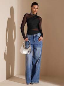 Women's Asymmetrical Long-Sleeved Transparent Bodysuit With Drawstring, Suitable For Cocktail Parties,  Dates, Autumn/Winter Base Layer, Parties, Formal Events, Nights Out, Halloween, Christmas - màu đen - Xem 6