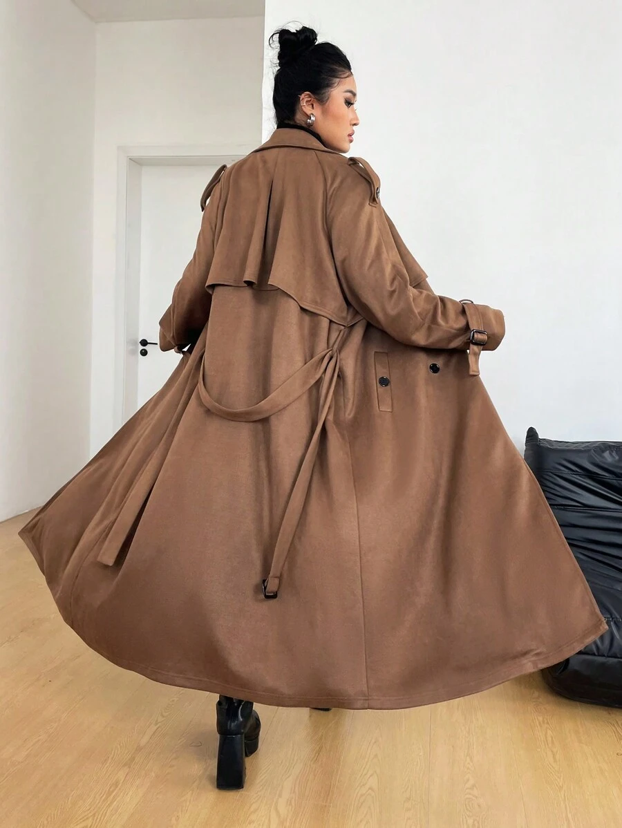 SHEIN EZwear Áo khoác dài thường ngày hai hàng khuy cỡ lớn cho nữ, mùa thu - màu nâu - Xem 1