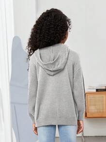 SHEIN Tween Girl Oversized Hooded Lange Mouw Casual Gebreide Cardigan