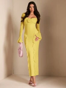 SHEIN BAE Trang phục đi chơi thanh lịch của phụ nữ, Áo thu tay dài Áo sơ mi bó sát nữ tay dài, Váy hồng ngọt ngào xếp nếp với họa tiết hoa 3D - Màu vàng - Xem 3