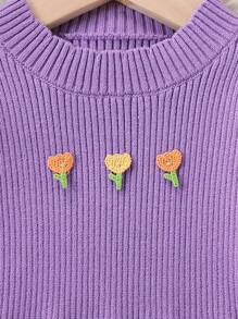 SHEIN Baby Girl Floral Applique Stylish & Cute Long Sleeve Top And Elastic Waist Pants 2 Pieces Knit Sweater Set