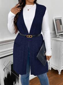 SHEIN Clasi Chaleco de punto sin mangas clásico y elegante de talla grande en gris con bolsillos, para invierno