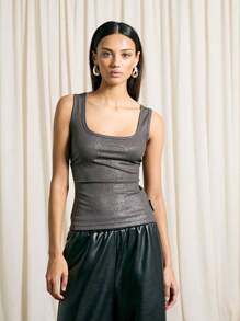 AiiRZ Metallic Ribbed Tank Top Square Neck Sleeveless Fitted Shimmer Evening Party Dressy Summer Fall Essential Layering Basic