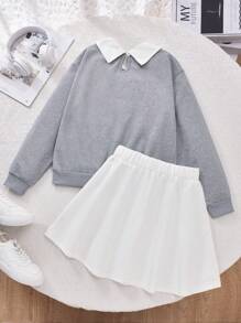 SHEIN 2 件女童字母刺绣运动衫和白色休闲迷你裙套装，适合秋冬季 - 灰色 - 查看 2