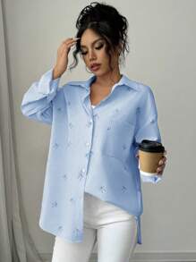 Chiquease Einfarbige lässige Bluse mit Schmetterlingsdruck, modisch für den täglichen Frauenkleidung - Babyblau - Übersicht 4