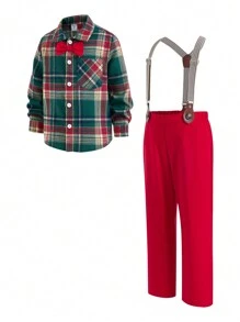 2 Stücke Anzugset für Kleine Jungen, elegant, urbane Mode, Weihnachten, roter Kragen, langärmeliges kariertes Hemd und schwarz-weiß gestreifte Hosenträgerhose, geeignet für Hochzeit, Party, Ausflug, tägliche Zusammenkunft, Herbst/Winter - Verschiedenfarbig - Übersicht 4