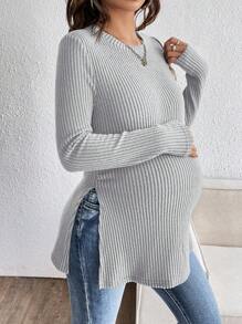 SHEIN Pregnant Women Round Neck Long Sleeve Solid Color Side Slit Hem Casual T-Shirt, Autumn/Winter - Light Grey - View 4