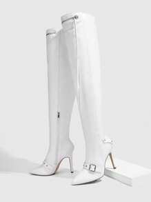 CUCCOO SZL Fashionable Retro White Pointed Toe Stiletto Slip-On Over-The-Knee Boots, Versatile Ladies High Heel Tall Boots For Spring Shoes Spring Break Easter For Christmas Spring Shoes Fall Shoes - White - View 4