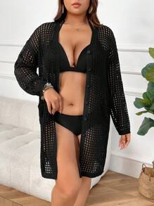 Swim Lushoire 大码纯色针织开衫，带侧袋，休闲和服夏季