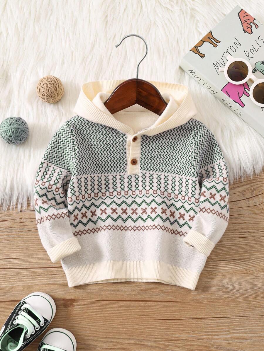 SHEIN Baby Boy Cute Unisex Baby Retro Geometric Pattern Hooded Sweater, Versatile For Autumn And Winter - Multicolor - View 1