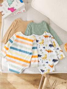 SHEIN 4pcs/Set Newborn Baby Boy/Girl Cute Cartoon Dinosaur Print Colorblock Round Neck Short Sleeve Bodysuit Graphic - Multicolor - View 2