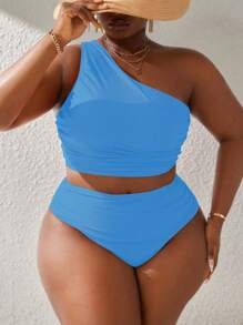 SHEIN Swim Curve Đồ bơi Tankini màu trơn cỡ lớn mùa hè - Màu xanh ngọc - Xem 3