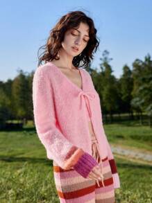 Skyraze Women Solid Color Lace-Up Front Long Sleeve Casual Cardigan,Solid Raglan Sleeve Ribbed Knit Cardigan,Ladies Spring/Fall Casual Long Sleeve Regular Fit Hot Pink Raglan Sleeve Pullovers Women Cardigan