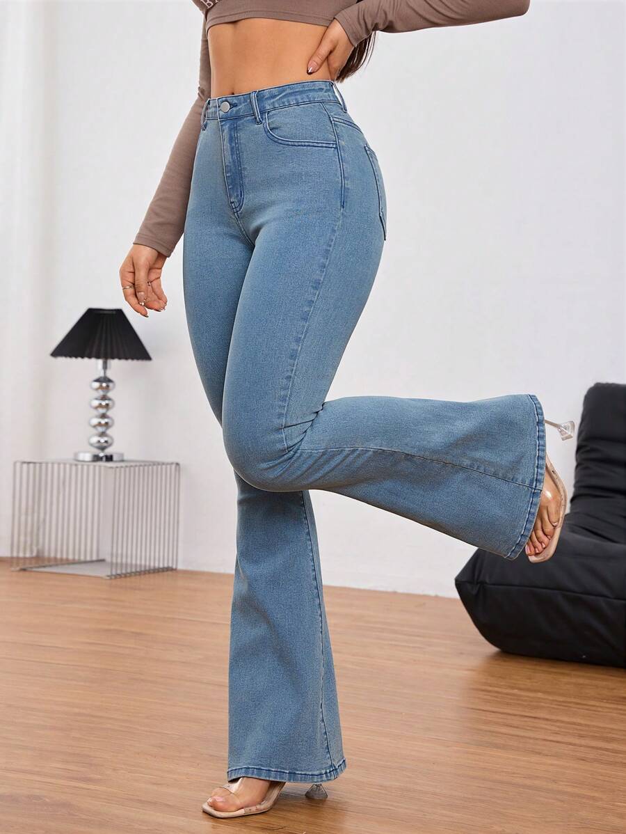 SHEIN Tall Women's Front Button Pocket Simple Style Jeans, Casual Daily Wear - Blue - View 1